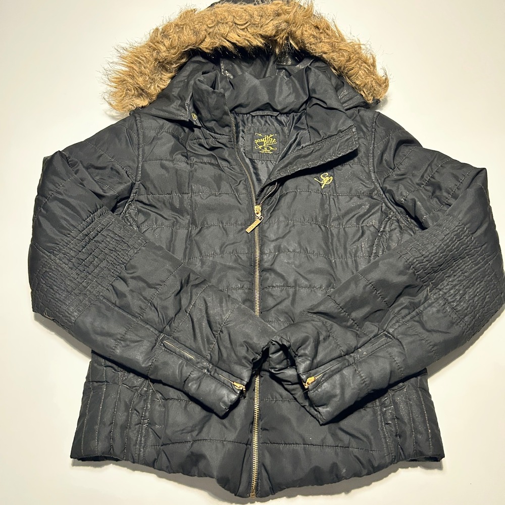 Southpole Womens Black Shimmer Puffer Jacket Faux Fur Hood XL